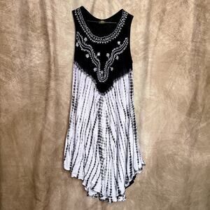 Rima Tie Dye Embroidered Handkerchief Hem Dress Sequined Black Purple Boho